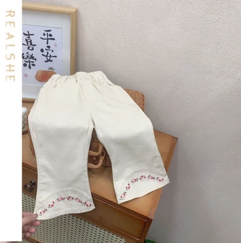 2023 Новые милые детские штаны для девочек с цветочной вышивкой, детские брюки, осенние расклешенные брюки для девочек, Детские брюки ClothingC01