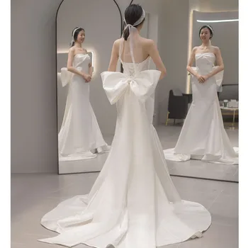 2023 Элегантное Свадебное платье Невесты с открытой спиной и Шлейфом, Атласные женские вечерние платья без бретелек, Vestidos De Noiva