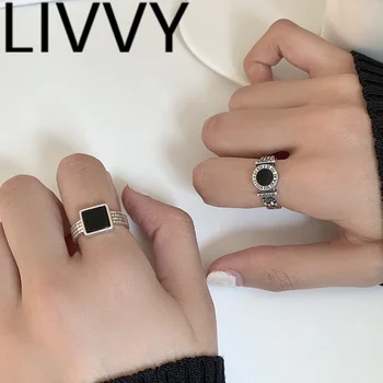LIVVY Летние новые тенденции, Серебряные кольца на палец, обручальные украшения для женщин, Мужские креативные черные кольца в круге, аксессуары для вечеринок, подарки