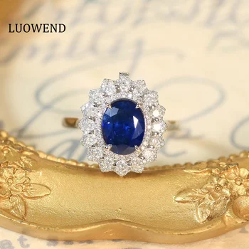 LUOWEND Подвеска из белого золота 18 Карат, Роскошное ожерелье с натуральным синим сапфиром, классический бриллиантовый наряд для женщин, роскошная свадебная вечеринка