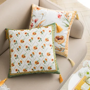 Nordic Light Роскошный Чехол для подушки с оранжевым растительным цветочным принтом 45*45, Голландский флис, Кружевная круглая квадратная наволочка с бахромой, Декоративная