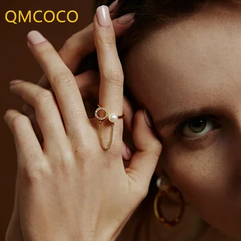 QMCOCO Модный Креативный Дизайн, Цепочка с Жемчугом, Выдалбливают U-Образное кольцо Для Женщин, Модное Кольцо с Регулируемым Отверстием для указательного пальца