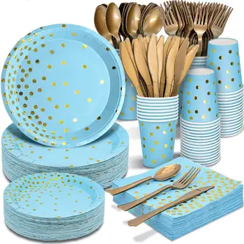 Бронзовый набор посуды в синий горошек, бумажный стаканчик, бумажная тарелка для одноразовой посуды, принадлежности для вечеринки по случаю дня рождения, украшения