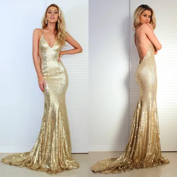 Вечерние платья Русалки с Золотыми блестками 2021 Vestidos De Fiesta Largos Elegantes Gala, Вечернее платье с V-образным вырезом и Бретельками на спине