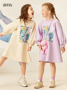 Детские платья Amii для девочек от 3 до 12 лет, 2023, зимнее платье-толстовка с пышными рукавами и цветочным принтом, теплая детская одежда 22240038