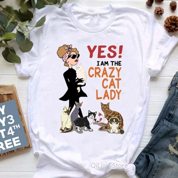 Женская одежда 2021, Футболка Crazy Cat Lady, Забавная футболка, Летние Графические Футболки, Подарок Любителю Кошек На День Рождения, Одежда для Девочек, Топ