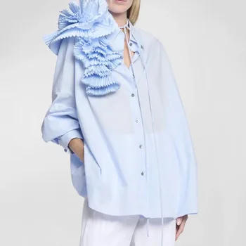 Женская рубашка с 3D цветком, плиссированная Дизайнерская осень 2024, Новейшая Ins, Уличная одежда для горячих девушек, Повседневная рубашка больших Размеров, французская мода