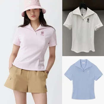 Женская футболка для гольфа с коротким рукавом 2023, Летняя новинка, Белое поло с вырезом лодочкой, приталенный женский трикотаж с коротким рукавом