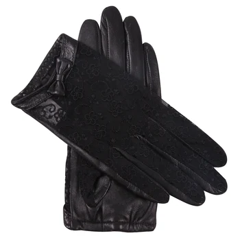 Женские перчатки из натуральной кожи, весна-осень, черные кружевные перчатки из овчины, Женские тонкие перчатки без подкладки с сенсорным экраном L17015