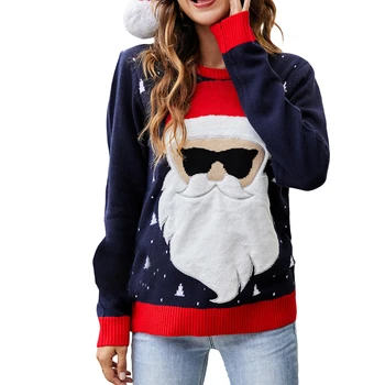 Женский Рождественский свитер с длинным рукавом и круглым вырезом, пуловер с Санта-Клаусом, топы, зимние джемперы