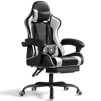 Игровое кресло из искусственной кожи Lacoo, Массажное Эргономичное кресло для геймеров, регулируемое по высоте Компьютерное кресло с подставкой для ног и поясничной поддержкой