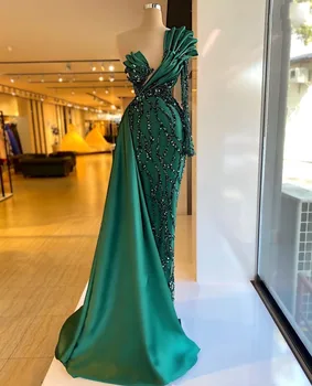 Изумрудно-зеленое Женское Роскошное вечернее платье Русалки с блестками, рукав на одно плечо, Вечернее платье с блестками, Атласная оборка, Знаменитость на заказ