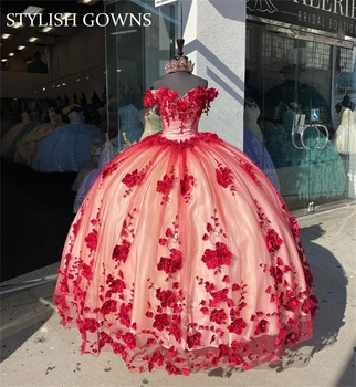 Красное Бальное платье с открытыми плечами, Пышное платье для девочек, расшитое бисером с 3D цветами, Платья для Вечеринки в честь Дня рождения, Платья для выпускного вечера, жилет на шнуровке сзади