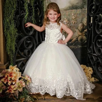Летнее Белое платье с цветочным узором для девочек Детские платья С кружевными аппликациями из Тюля, Детский костюм Принцессы, Бальные платья для Вечеринки, Свадебная Длинная Юбка