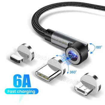 Магнитный USB-кабель 6A для iPhone, быстрое зарядное устройство, зарядка, 540 Вращающихся магнитных кабелей Micro USB Type C для Huawei Samsung Xiaomi