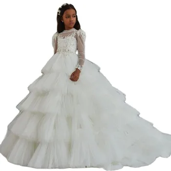 Многоуровневое тюлевое платье с цветочным узором для девочек на свадьбу, детское платье Принцессы с пышными рукавами на День рождения, сшитое на заказ Платье для Первого Причастия