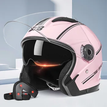 Мотоциклетный электрический шлем, всесезонный универсальный шлем для верховой езды, мотоциклетный шлем с противотуманными двойными линзами, антибликовым покрытием и защитой от ветра