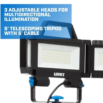Мощный 3-головочный регулируемый светодиодный рабочий светильник мощностью 7000 Люмен со штативом для внутренних или наружных работ.