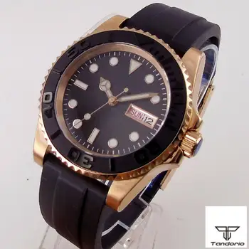 Мужские Автоматические часы с сапфиром из розового золота, Япония, механизм NH36, черный циферблат, индикация недели, даты, резиновый ремешок, керамический вращающийся безель