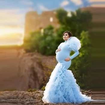 Новые Синие Платья для беременных с изображением Русалки, Длинные рукава, Большие цветы ручной работы, Оборки, Женское эластичное платье для беременных