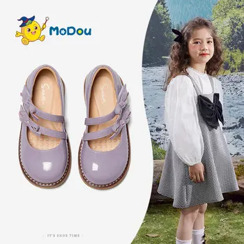 Обувь из натуральной кожи для девочек Mo Dou /Коллекция 2023 года, Весенние Новые Туфли Принцессы на мягкой подошве с милым бантом, Нескользящие Уютные Туфли с двойным крючком и петлей