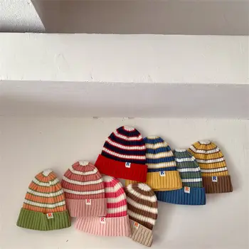 Осенние детские Вязаные шапочки, Модные Полосатые детские шапочки-бини, Корейские детские шапочки-чепчики с этикеткой, Детский пуловер-шляпа