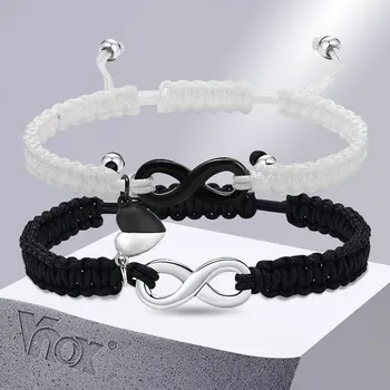 Пара браслетов с привлекательным сердечком Vnox, белая Черная Плетеная веревочная цепочка с браслетом-оберегом Infinity