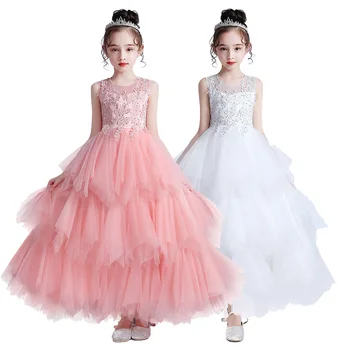 Розовое платье с цветочным узором для девочек на Свадьбу, Детское Кружевное Платье Принцессы длиной до пола для Первого Причастия, Праздничное платье для 3-14 лет