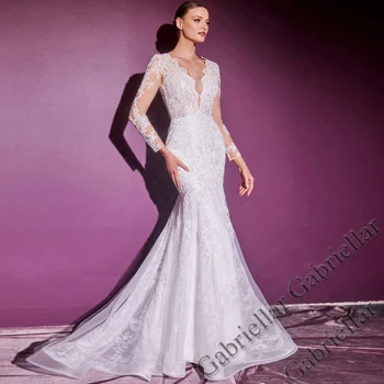 Роскошное Свадебное платье Принцессы с открытой спиной, Изысканные аппликации, V-образный вырез, Кружевное платье с длинными рукавами, Vestido De Novia 2022, Женское платье