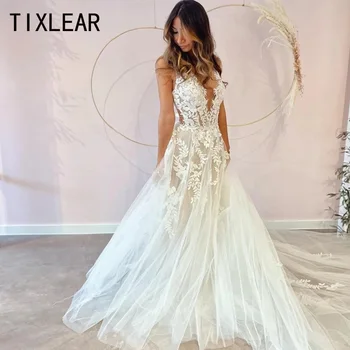 Свадебное платье TIXLEAR с глубоким V-образным вырезом, Трапециевидное Платье С Аппликациями, Кружевной Шлейф на Пуговицах, Тюлевое Платье с открытой спиной, vestido de noiva robe de mariée