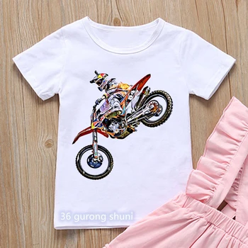 Футболка для мальчиков, крутая одежда для мальчиков с мультяшным принтом мотоцикла, повседневная детская футболка, летняя футболка для подростков в стиле хип-хоп, белые желтые топы