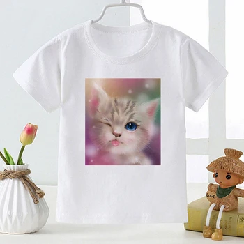 Футболка с рисунком милого кота и животных для маленьких девочек, Летняя Уличная Одежда с коротким рукавом, Повседневные Детские футболки, Белые Топы с круглым вырезом, Детские футболки