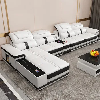 Хит продаж, Профессиональные L-образные современные секционные черно-белые кожаные Функциональные диваны для гостиной с динамиком для дома