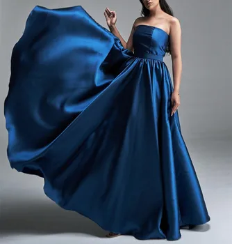 Элегантные Длинные вечерние платья из атласа синего Цвета С карманами, мусульманское вечернее Платье в Складку Трапециевидной формы длиной до пола, Вечернее платье для женщин