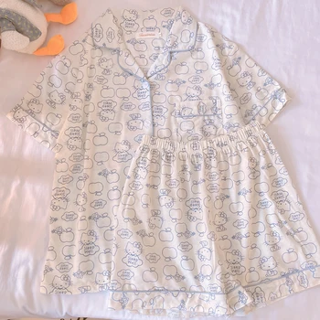 Японская милая пижама Женская Летняя из тонкого хлопка с короткими рукавами, шорты для девочек, милая домашняя одежда
