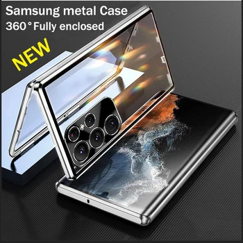 Металлический Корпус из алюминиевого сплава Для Samsung Galaxy S23 S22 S21 Ultra 360 ° Полностью Закрытая Защита Магнитная Адсорбция HD Стеклянные чехлы