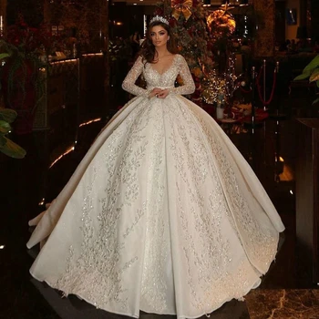 Саудовское Арабское Бальное платье с иллюзией спины и длинным рукавом Свадебные платья 2023 Принцесса Милая С блестящими аппликациями для невесты